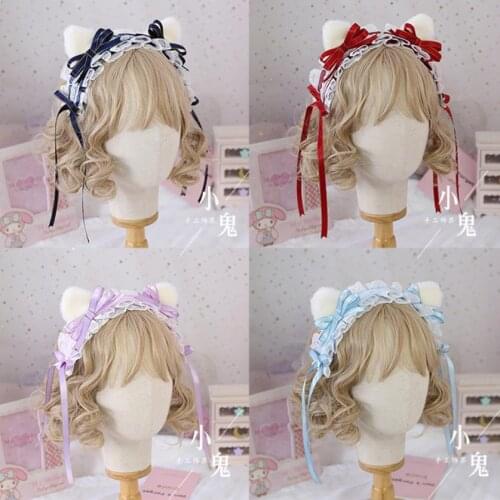 Handmade Sweet Girl Lolita Cute Plush Cat Ears KC Hair Band Hairpin Womens Cosplay Lace Trim Bow Headwear Hair clip A327