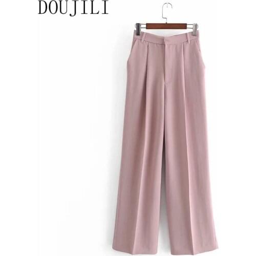 DOUJILI Women Long Trousers High Waist Zipper Loose Wide Leg Soft Fashion Office Ladies Pants
