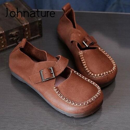 Johnature Flats Women Shoes Genuine Leather 2021 New Spring/Autumn Buckle Strap Round Toe Handmade Concise Shallow Ladies Shoes