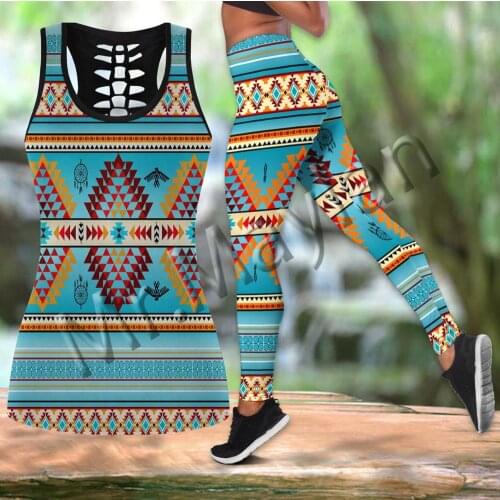 Fashion Native American Culture 3D Print Black Natives Tribes Pattern Native Woman Hollow Tank And Legging Leisure Sexy Vest S87