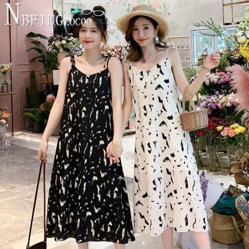 2020 Summer New Vacation Women Spaghetti Strap Dress Black White Female Dresses