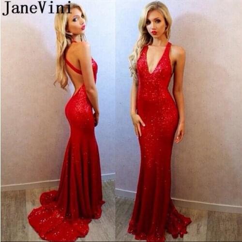 JaneVini Blingbling Sequined Prom Dresses Red Long Tight Fitted Mermaid Evening Dress Prom Gown Sweep Train Backless Party Wear