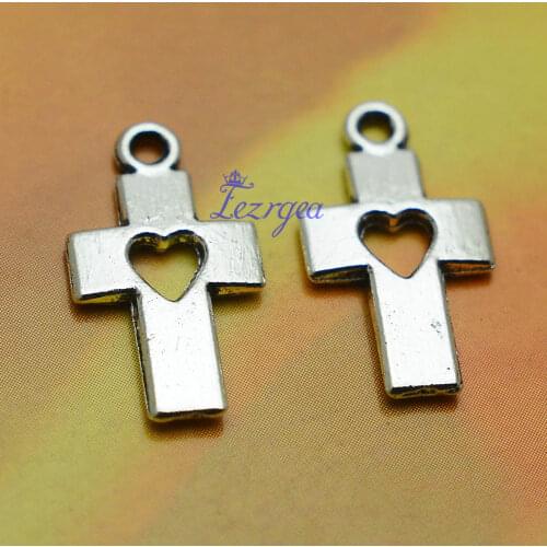 30pcs/lot--18x10mm, Antique silver plated Hollow heart cross charms,DIY supplies, Jewelry accessories