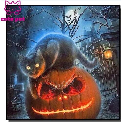 5D Diy square round Diamond Painting halloween cat Diamond Pictures Cross Stitch 3D Rhinestone Embroidery pumpkin lantern Decor