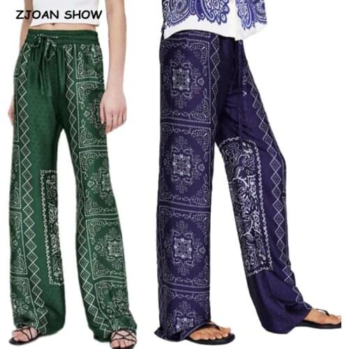 2019 Spring New Ethnic Green Geometric Plaid Print Wide Leg Pants Women Bohemian High Waist Trousers Casual loose Long Pants