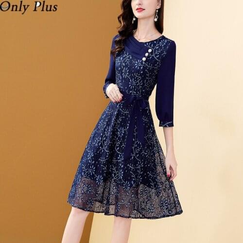 Only Plus Lace Dress Autumn 2021 Womens Embroidery Asymmetrical Neck A-Line Bohemian Slim Blue Mid-length Skirt Belt Vestidos