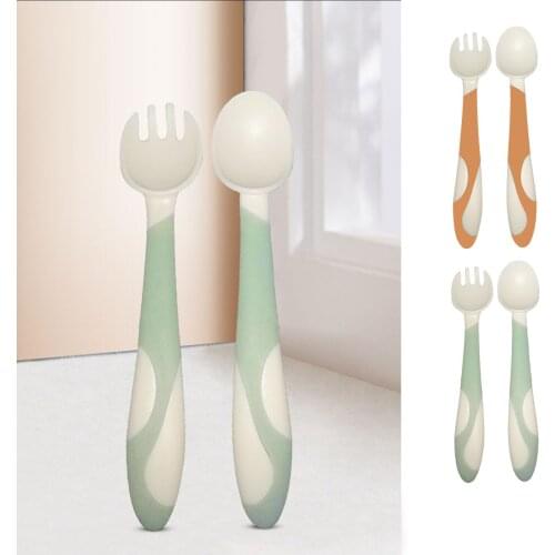 Curved Fork And Spoon Set Safe And Healthy Food Silicone Spoons Forks Baby Tableware Set Infant Feeding Practice Fork And Spoon