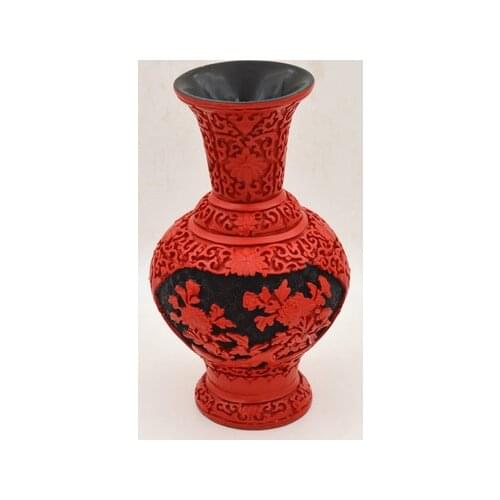 10 inch / Exquisite Chinese Classical Traditional Technology Red Lacquerware Flower Bird Designs Auspicious Vase No.7