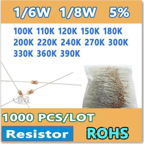 JASNPROSMA 1000PCS 5% 1/6W 1/8W 100K 110K 120K 150K 180K 200K 220K 240K 270K 300K 330K 360K 390K carbon film DIP OHM Resistor