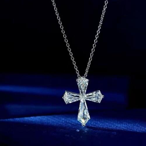 Classic 100% 925 Sterling Silver Created Moissanite Diamonds Gemstone Anniversary Couple Cross Pendent Necklace Fine Jewelry