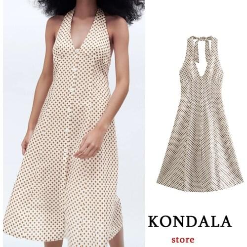 KONDALA Za 2021 Women Chic Polka Dot Linen Dress V-Neck Sleeveless Backless High Street Dress Sexy Stylish Party Vestidos