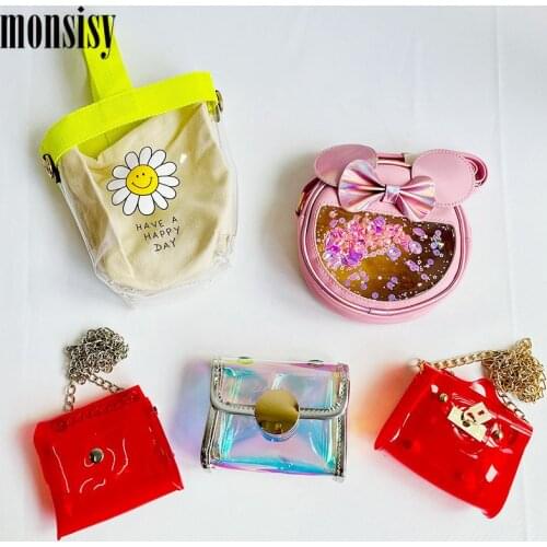 Monsisy New Children Coin Purse and Handbag For Girl Shiny Crossbody Bag Cartoon Mouse Bow Cat Bag Kid Wallet Baby Money Bolsa