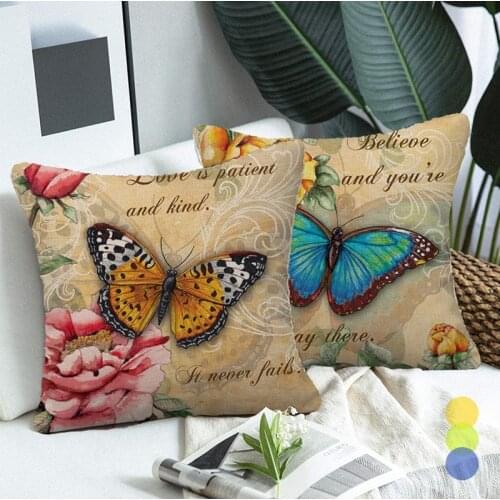 Retro Butterfly and Flower Cushion Cover Linen Vintage Pillowcase Decorative for Sofa Couch Bed Pillow Covers Elegant Home Decor