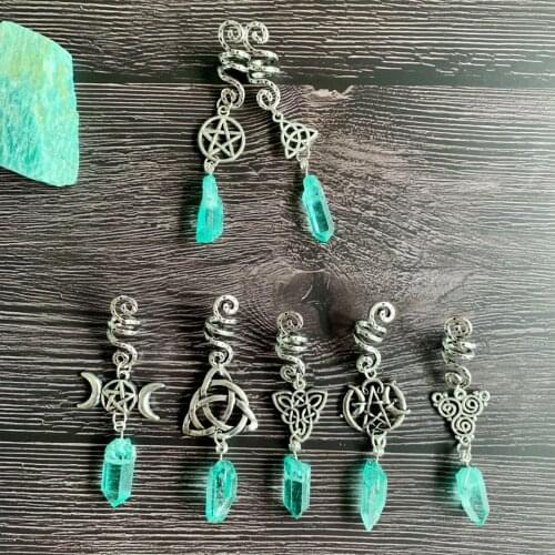 Raw Crystal Jewelry Hair Beads Pentagram Moon Tree of Life Hair Ring Viking Spiral Bead Braids Wedding Bridal Gift