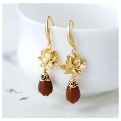 New S925 Pure Silver Lotus Earrings Southern Red Agate Magnolia Earrings Graceful Personality Simple Eardrops Female Accessories