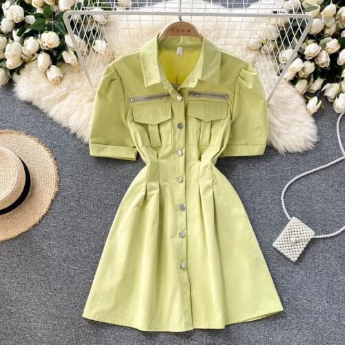 Summer Dress Women 2021 New Zipper Pocket Single Breasted Short Sleeve Lapel High Waist Short Dress Female Casual Dresses