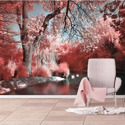 Custom wallpaper 3d pink beautiful forest lake water swan background wall living room bedroom decoration painting papel de pared