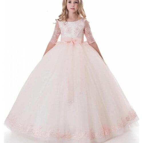 Pink Elegant Flower Girl Dresses Half Sleeve Lace Applique Girl Fluffy Gown Pageant First holy communion Party Dress