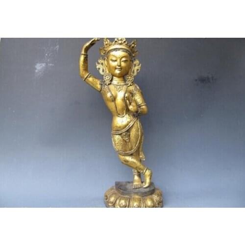 USPS to USA S0989 23"Tibet temple Folk classical Old Bronze Gild Stand TaRa Kwan-Yin Buddha Statue