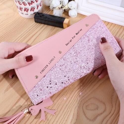 Cute Long Sequined Patchwork Glitter Letter Walletsr Female Designer Coin Purses Ladies Card Holder Clutch Money Bag Fashion