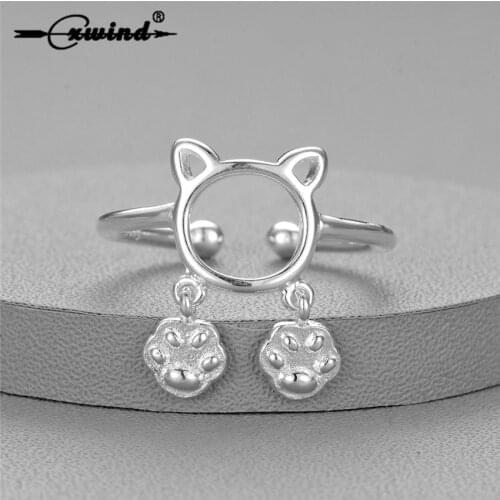 Cxwind Fashion Animal Cat Jewelry Rings For Women Girl Pet Cat Paw Dangle Beads Ring Finger Adjustable Wedding Jewellery