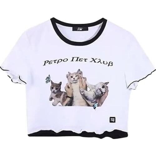 2021 Summer Sexy Ruffles Women Crop Top Harajuku Cat Printing Short Sleeve Women Cotton T Shirt Patchwork O Neck Female Clothing