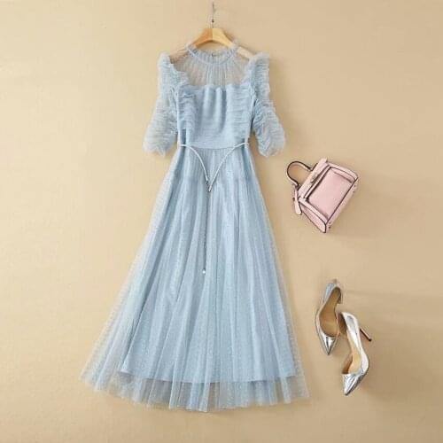 Newest Nice High Quality Designer Runway Vogue Womens Half Sleeve Sweet Ruffles Beading Belt Sky Blue Mesh Dot Long Dress