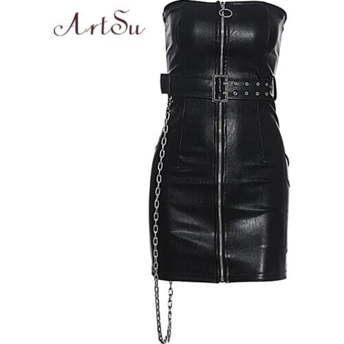 Artsu Gothic Women Black Leather Zipper Mini Dress Off Soulder Strapless Bodycon Femme Club Party Dresses Chain Belt ASDR70298
