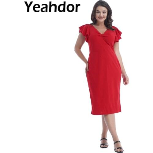 Plus Size Women Fashion Casual V Neck Cocktail Party Dress Banquet Wedding Solid Color Slim Fit Ruffled Sleeve Midi Dresses