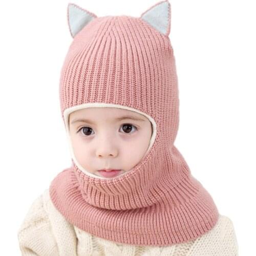 Winter Boys Girls Cat Ear Hat Scarf Set Baby Knitted Hat Scarf Set Children Plus Velvet Hat And Collar Neck Protection Windproof