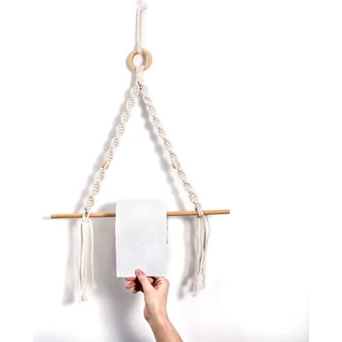 1set Toilet Paper Holder Wooden Cotton Braided Rope Hanging Towel Rack Ring Decor Nordic Bohemian style Bathroom Kitchen Hotel