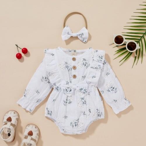 2PCS Autumn Toddler Kids Baby Girl Cute Floral Print Clothes Flower Jumpsuit Long Sleeve Bodysuit Sunsuit Outfits Headband