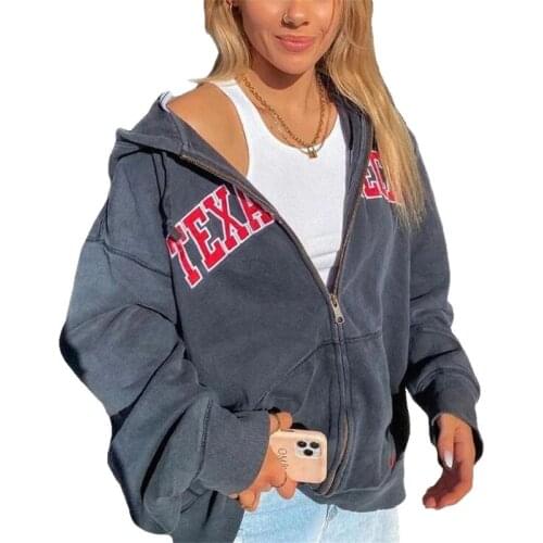 2021 Fashion Hoodies Women/Girl Letter Print Long Sleeve Casual Loose Zipper Hooded Sweatshirts Preppy Style Vintage Outerwear