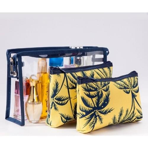 3 Pcs/Set Coconut Pattern Cosmetic Bag Women Transparent Make Up Bag Set Travel Portable Waterproof PVC Bag Pouch Toiletry Kits