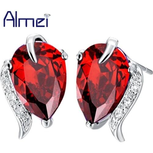 Almei Vintage Ladies Jewelry Women Stud Earrings with Large Red Heart Stone Crystal Aretes Silver Color Wedding Earring R502