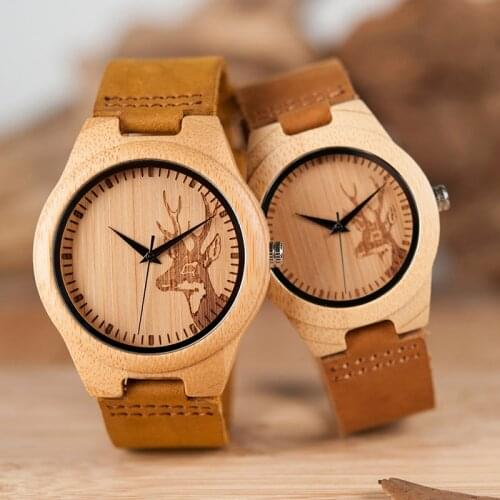 Deer Head Design Mens Womens Size Bamboo Wooden Watches Luxury Wooden Quartz Watches With Brown Leather Strap