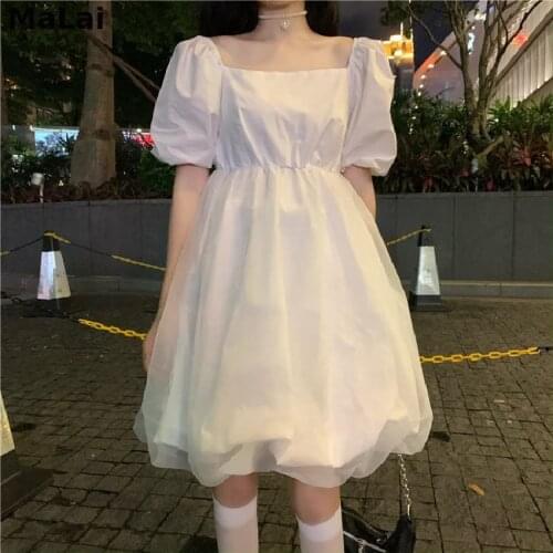 Kawaii Lolita Style Dress Soft Girl 2021 White Puffy Dresses Summer Sweet Mori Series Thin Puff Sleeve Square Collar Fairy Dress