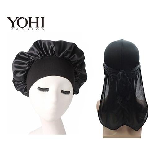 Fashion Mens Silk Durag Bandana Headwear Wide Doo Rag Bonnet Polyester Cap Comfortable Sleeping Hat 2pcs/lot