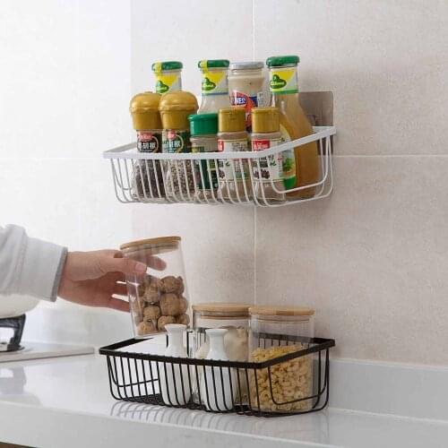 Suction Wall Shelf Kitchen Iron Wall Mount Spice Storage Rack Bathroom Punch Free Adhesive Storage Basket Wall Metal Basket