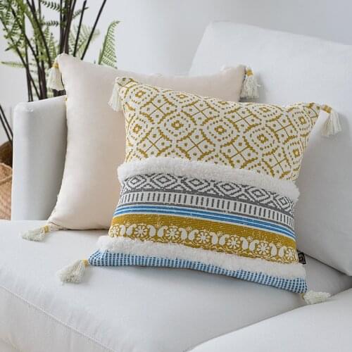 Blue Yellow Pink Cushion Cover Tassels Moroccan Style Pillow Cover Woven for Home Decoration Sofa Bed 45x45cm