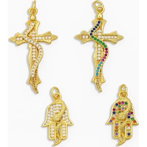 OCESRIO DIY Gold Fatima Hand Snake Pendant Cross Snake Necklace Pendant Supplies For Handmade Jewelry Making Accessories pdta162