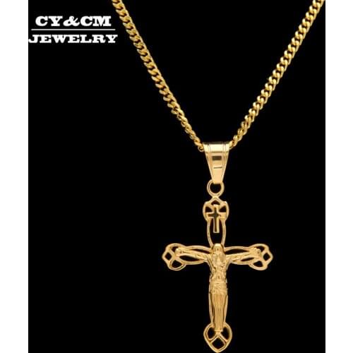 CY&CM Men Women Stainless Steel Jesus Cross Pendant Necklace Gold Color Hip Hop Style Titanium Cross Necklace Chain Punk Jewelry