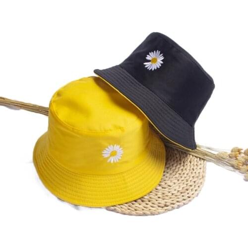 2021 HOT Black Yellow Flower Embroidery Bucket Hats Women Summer Fishman hats girls Travel Panama Sun hat Double Face Sunshade