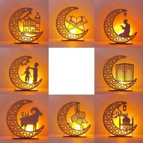 2021 new Wooden Ramadan Eid Mubarak Moon Star Islam Hanging Pendant Plate WithLED Candles Ornament Home Decor DIY Gift