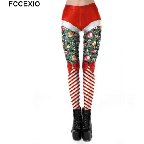 FCCEXIO Sexy Women Christmas Leggings Party Happy New Year Leggins Santa Claus Printing Snow Bell Pants Xmas Leggings