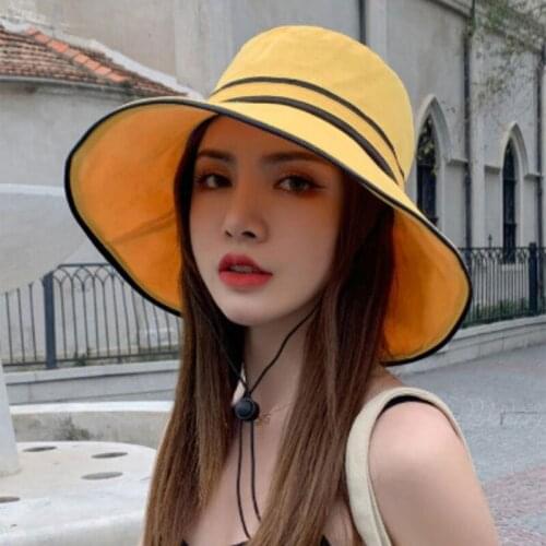 Womens Summer Floppy Wide Brim Sun Hat with Chin Strap Elegant Solid Color Striped UV Protection Visor Travel Beach 264E