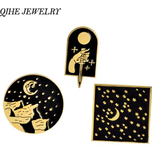 QIHE JEWELRY Moon Star Mountain Dagger Gold/silver color Dark Geometric Enamel pin Lapel pins Badges Brooches for Men Women