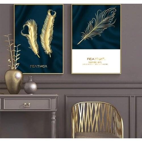 Modern Abstract Wall Art Delicate Golden Feather Letters Canvas Painting Picture Poster Print Wallpaper Living Room Decoration