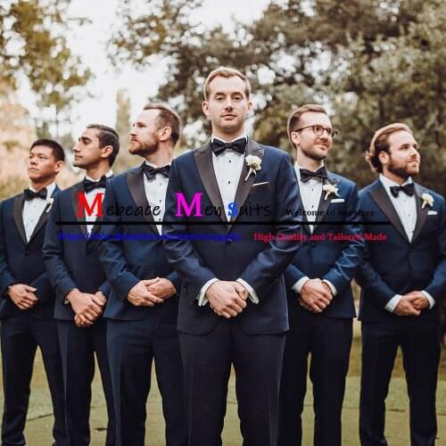 Dark Blue Mens Suits 2 Piece Set Slim Fit Wedding Groom Tuxedo Formal Business Peaked Lapel Blazer Costume Homme (Jacket+Pants)