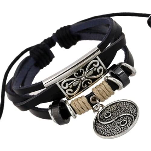 Fashion Vintage Yin Yang Men Women Tai Chi Black Bracelet Retro Alloy Beads Charm Multi-layer Leather Bangle Wristbands Jewelry